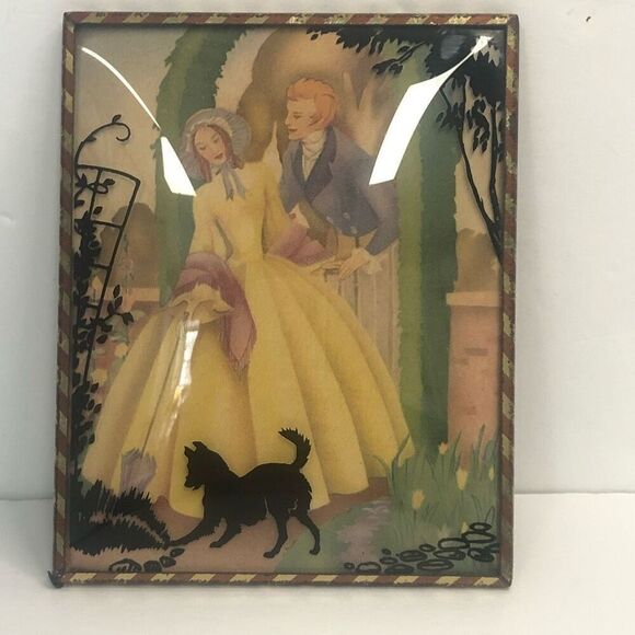 vintage reverse glass silhouette painting convex  bubble frame 4x5 playful dog - Picture 7 of 7